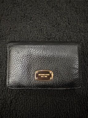 Michael Kors Black Pebbled Leather Card Wallet with Gold Plaque